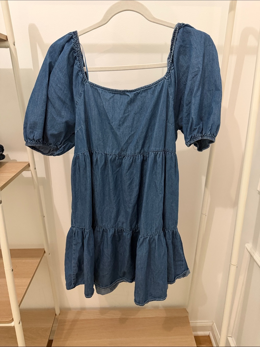 Women’s Denim Puff-Sleeve Tiered Dress - Blue